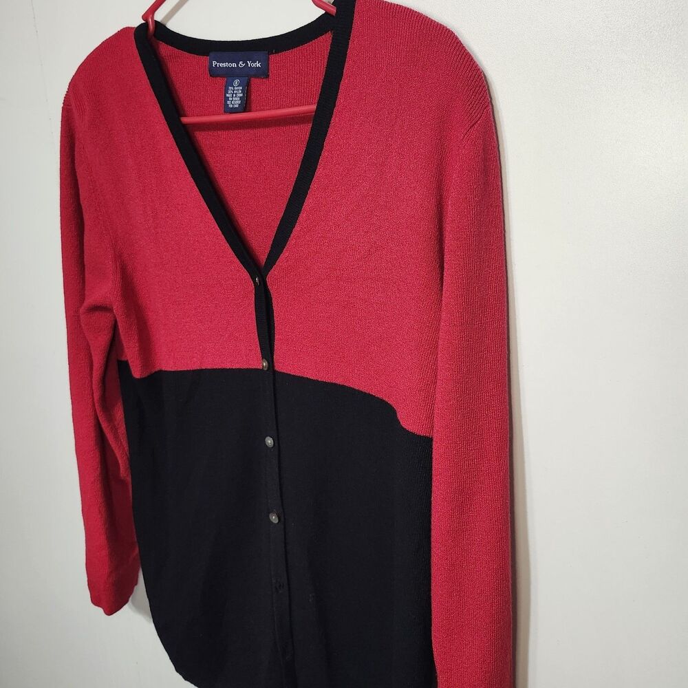 Preston & York Red Black Colorblock Y2k Ivy League Cardigan Sweater V-Neck Small - Picture 2 of 10